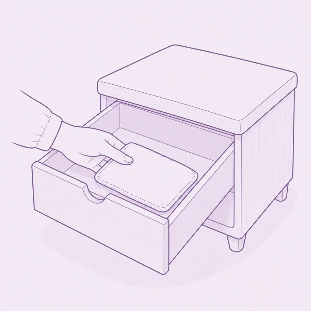 Ilustración de una compresa APAPACHO guardándose en un cajón limpio y seco
